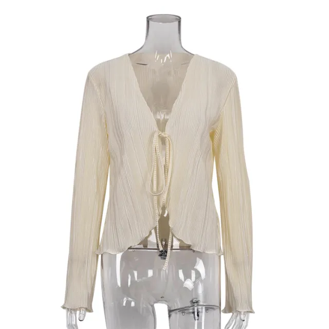 Top Slim Horn Long Sleeve Pleated Shirt Female Beige - Shop at LoveMi