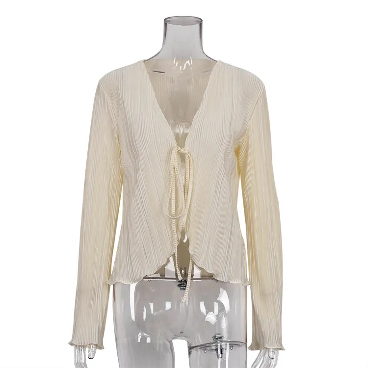 Top Slim Horn Long Sleeve Pleated Shirt Female - Beige
