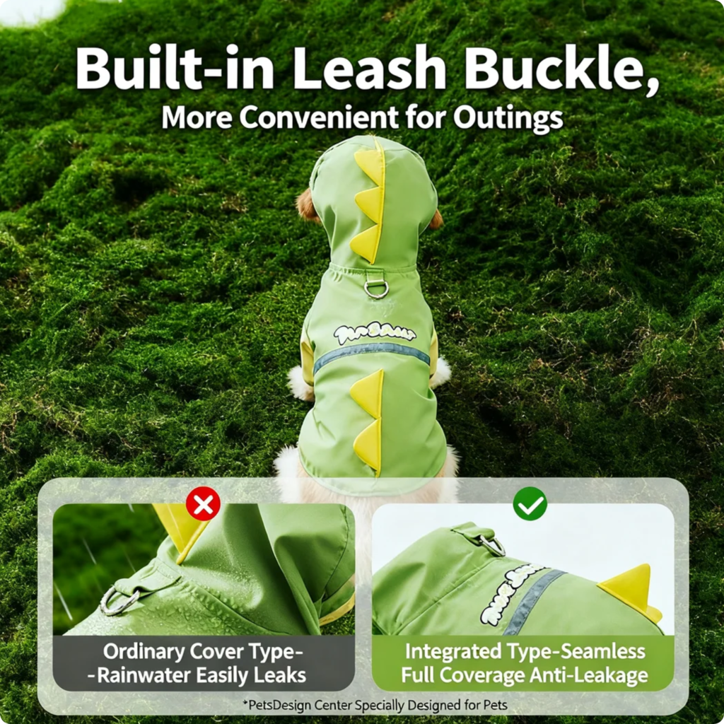 Dog Raincoat Waterproof 4-Legged Dinosaur Design With Tail Cover For Small Medium Large Dogs, Hooded Pet Rainwear With Reflective Strips Transparent Brim, Lightweight Rain Jacket For Teddy Golden Retr