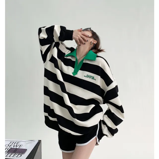 Men's Unisex Lapel Striped Embroidered Sweatshirt Black - Shop at LoveMi