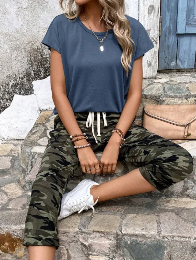 Summer Solid Color Round Neck Short Sleeve T Shirt And Leopard Print Casual Pants Two Piece Set For Women Blue - Shop at LoveMi