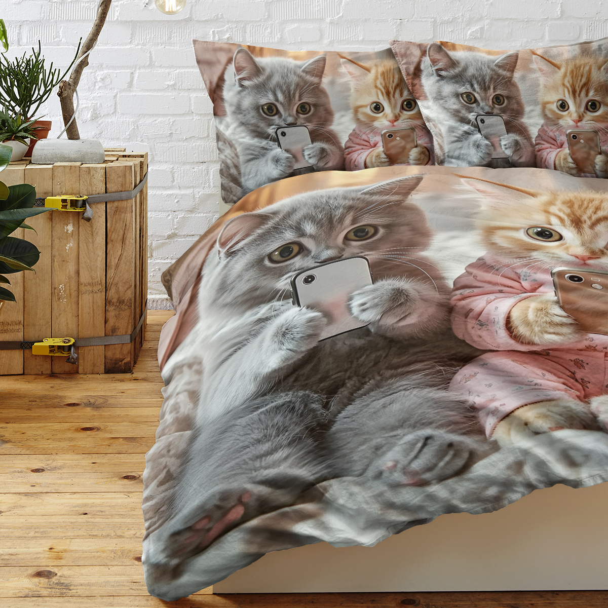 Cat Duvet Cover Set, Kawaii Pet Animal Cat Lover Comforter Cover Set, 3 Pieces, 1 Quilt Cover And 2 Pillowcases