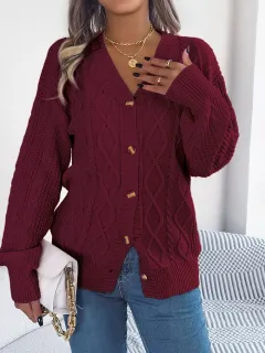 Women Casual V-Neck Lantern Sleeve Cable Knit Button Cardigan Sweater - Burgundy - View 1