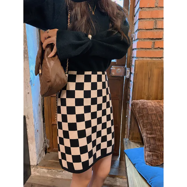 Female High Waist Was Thin Spring And Autumn Small All match A line Knitted Hip Skirt Black And White - Shop at LoveMi