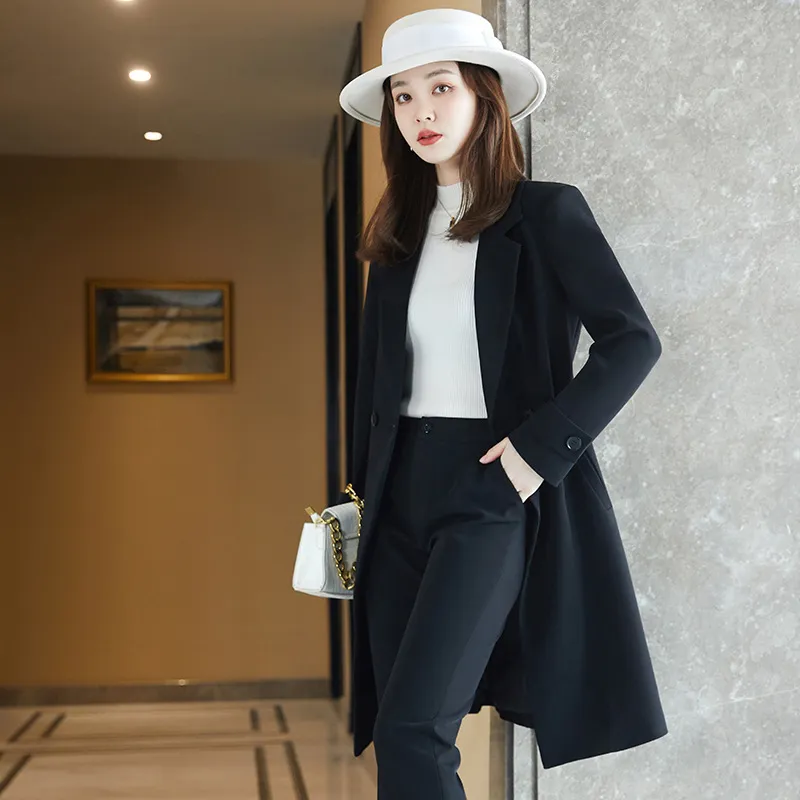 Long Sleeved Suit Jacket Women's Business Wear Long Trench Coat - Black