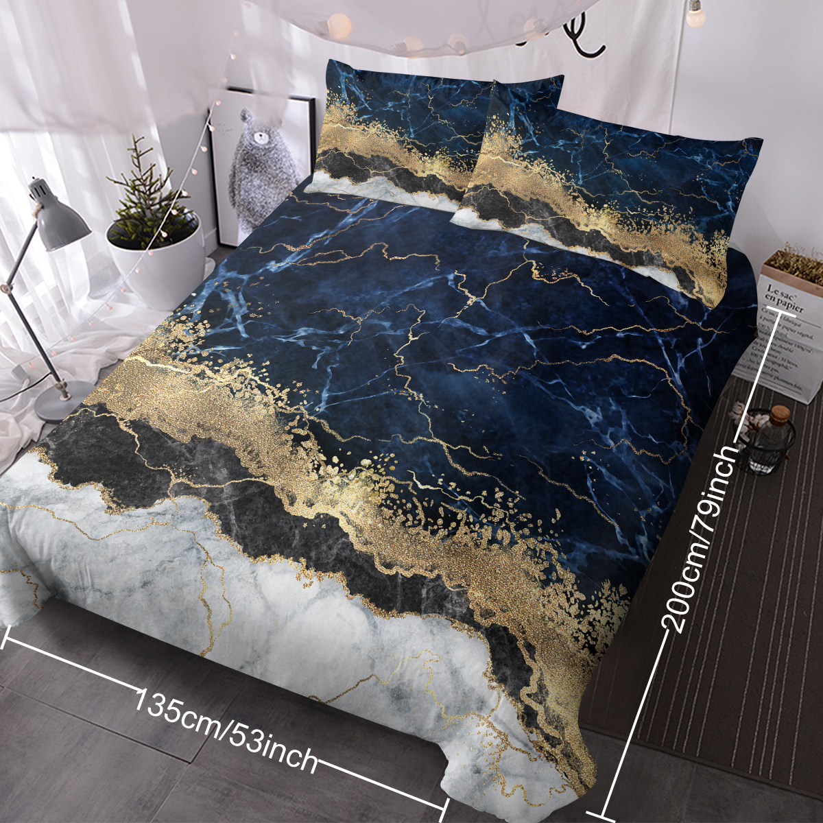 Chic Marble Bedding White Marble Gilded Navy Blue Duvet Cover Set Trendy Printed Design Bed Quilt Cover Set King 1 Duvet Cover 2 Pillowcases — foto 13