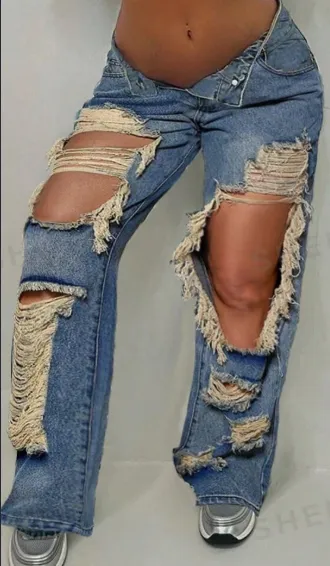 Street Vintage Slant Pocket Distressed Frayed Ripped Cut Out Straight Leg Jeans Casual Comfort Denim Pants Medium Wash - Shop at LoveMi