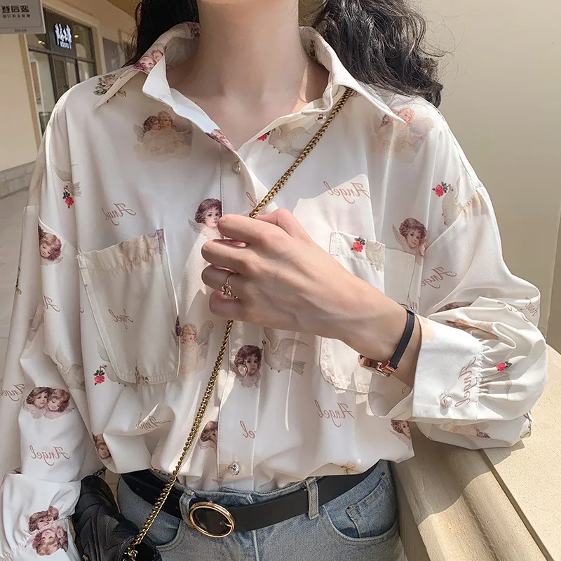 Women's Retro Loose Outerwear Long Sleeve Shirt - White