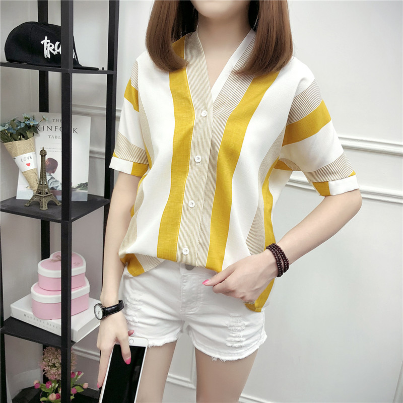 V-neck Striped Shirt Women's Short-sleeved Top
