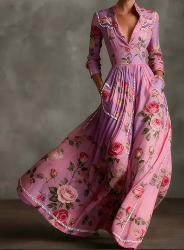 Rose Print V neck Fitted Waist Flared Dress Pink - Shop at LoveMi