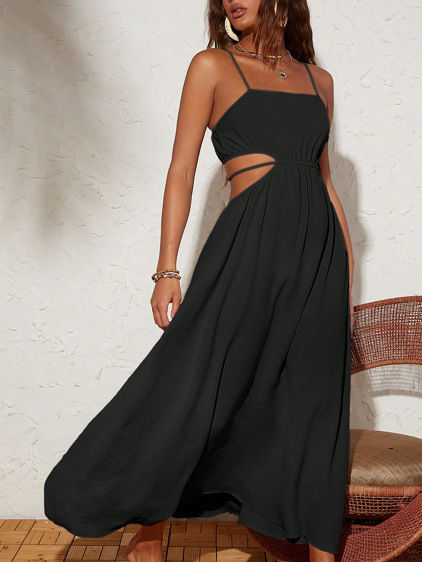 Solid Color Woven Backless Tie-Waist Dress For Vacation