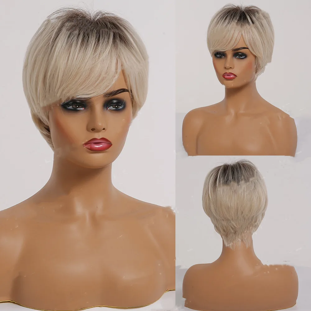 Short Straight Ombre Blonde Synthetic Hair Wigs with Bangs