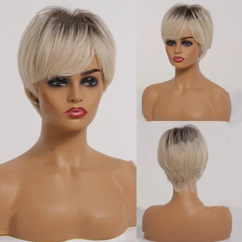 Short Straight Ombre Blonde Synthetic Hair Wigs with Bangs