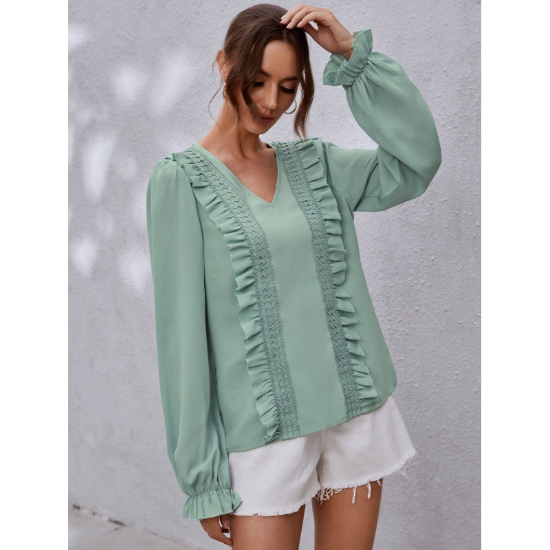 Commuter V-neck Pullover Chiffon Shirt With Wood Ears