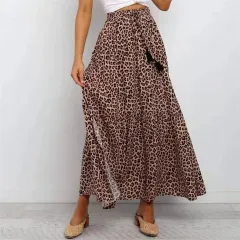New Cotton Elastic High Waist Brown Leopard Print Large Skirt - Leopard - View 1
