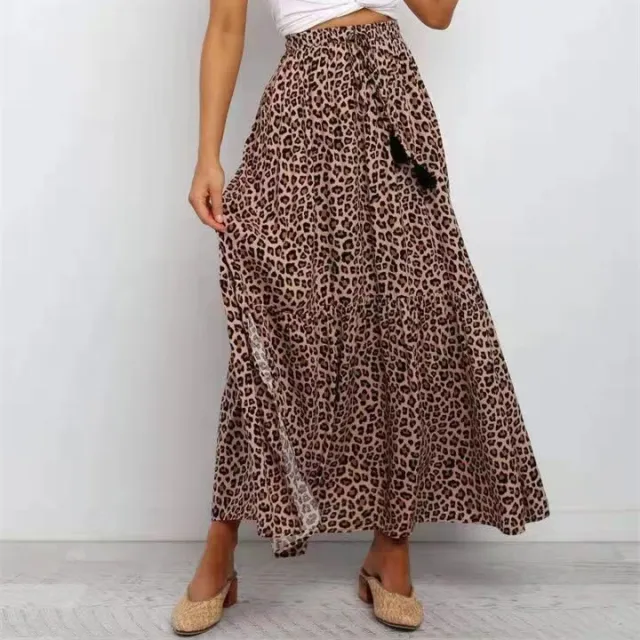 New Cotton Elastic High Waist Brown Leopard Print Large Skirt - Shop at LoveMi