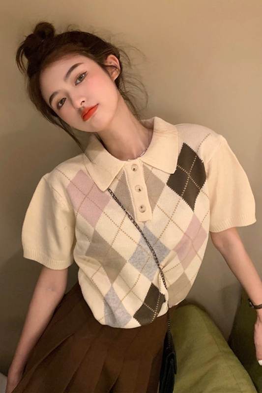 Gentle Wind Contrast Color Rhombus Short-sleeved T-shirt Blouse