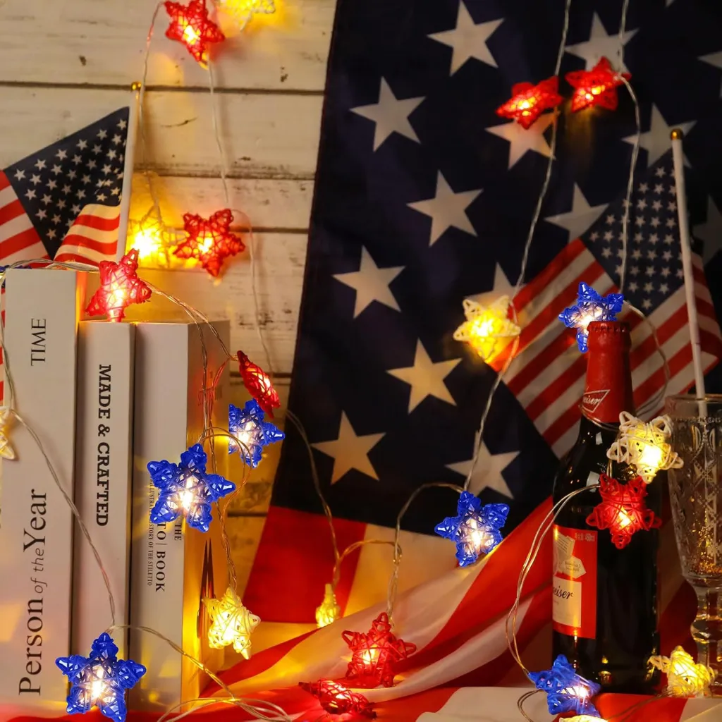 Red White And Blue Star Lights 4th Of July Decorations, 15FT 30 LED 3D Star String Lights With Batteries Compatibility For Memorial Day Decorations...