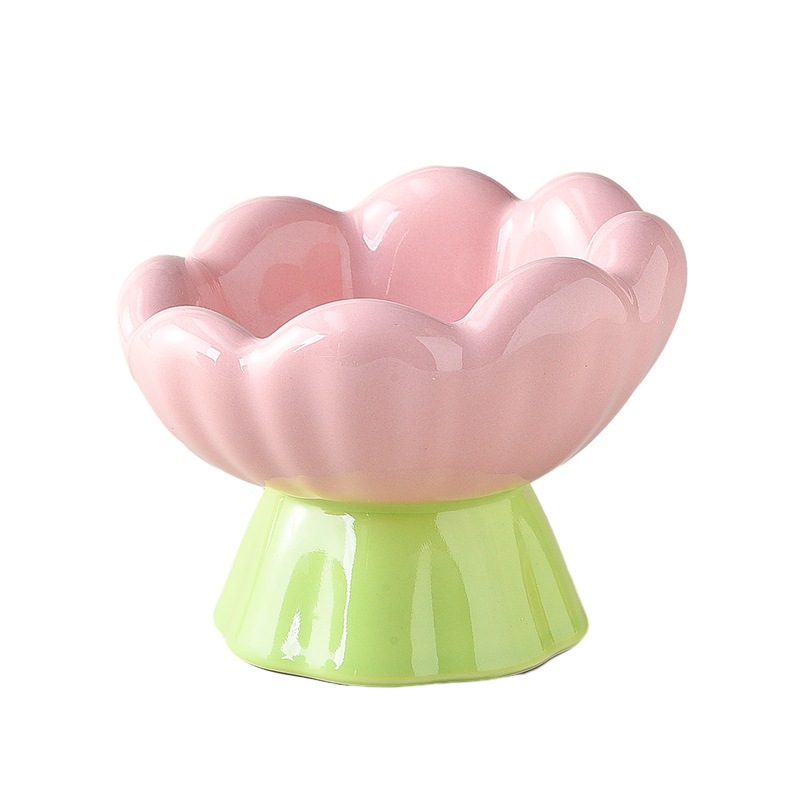 Ceramic Raised Cat Bowl, Pink Elevated Food Bowls For Food And Water Protecting Spine And Whisker Friendly, Tulip Shape Cute Pet Feeder Dish For Indoor Cats And Small Dogs 8