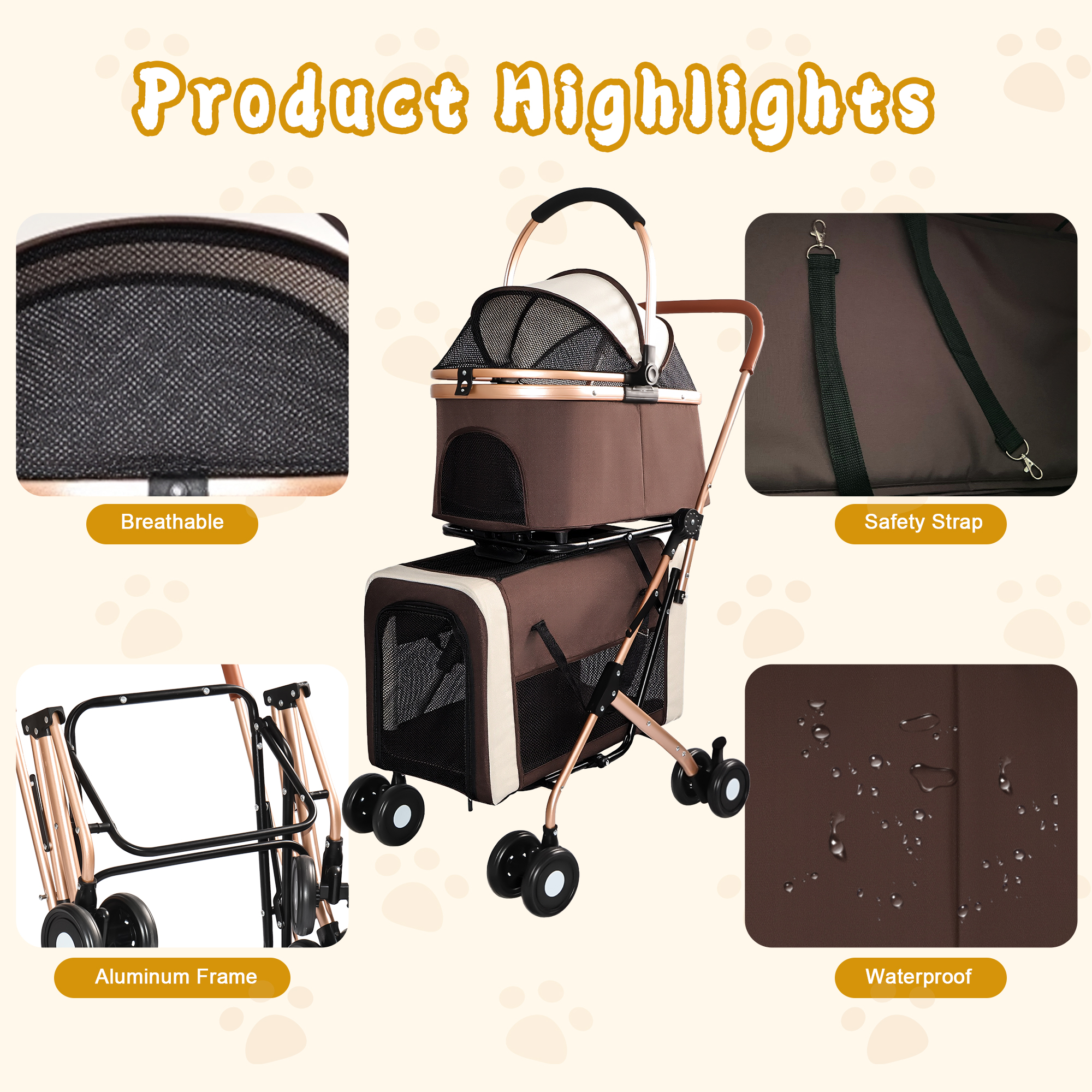 3-in-1 Double Pet Stroller For Small Medium Dogs Cats, Foldable Frame Convertible Pet Carrier Tote, Shockproof Wheels With Brake System, Dual Fixed Safety Leashes For Multi-Pet Households thumbnail 4