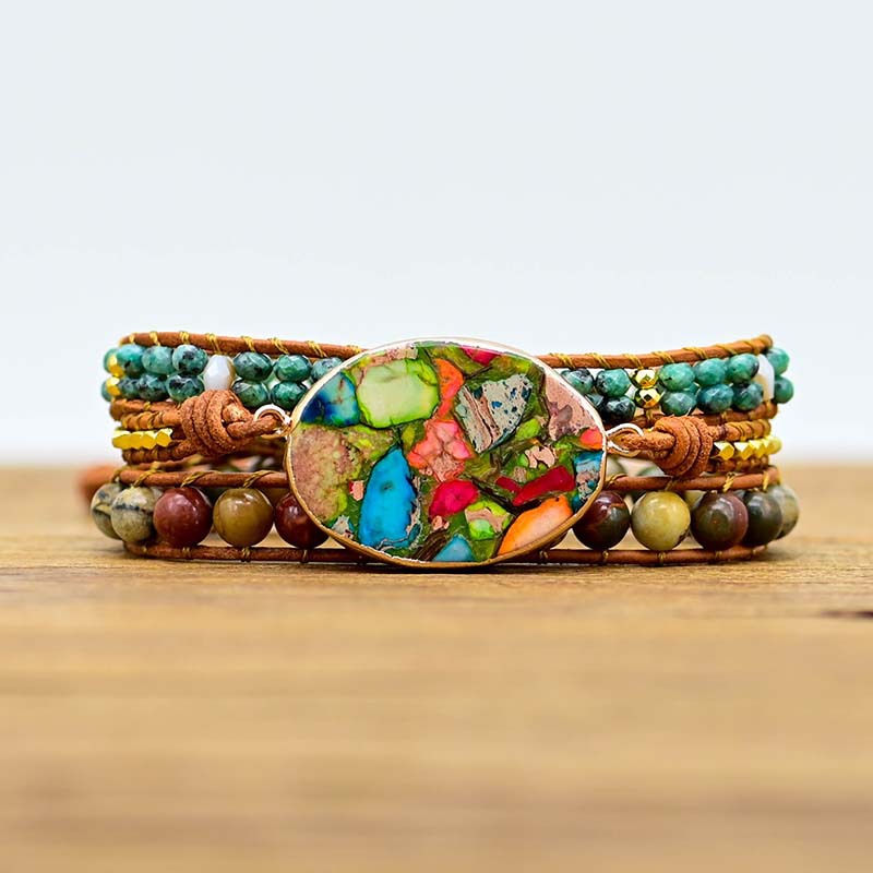 Multicolor Color Matching Natural Stone Cowhide Bracelet