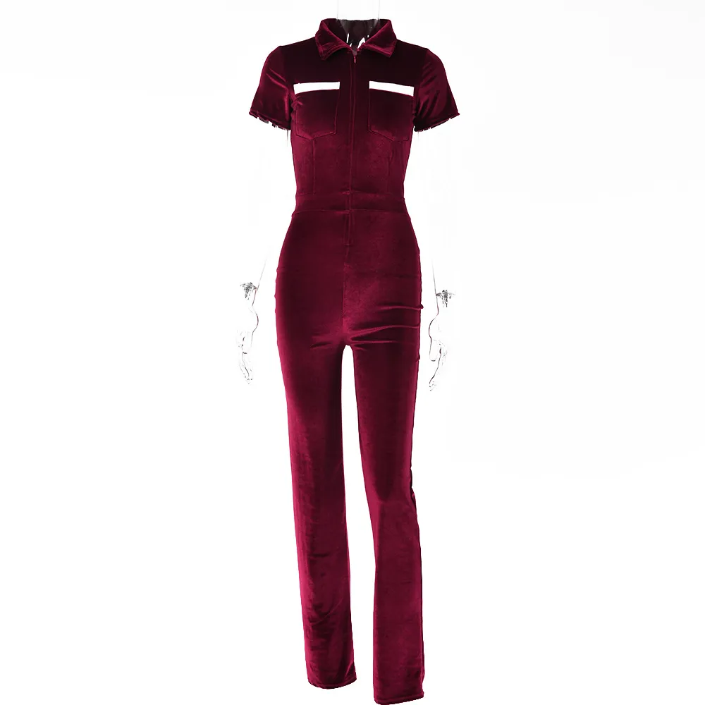 Women's Velvet High Waist Hip Raise Tight Straight Casual Jumpsuit - Red