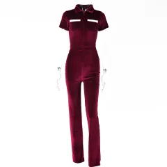 Women's Velvet High Waist Hip Raise Tight Straight Casual Jumpsuit - Red - View 1