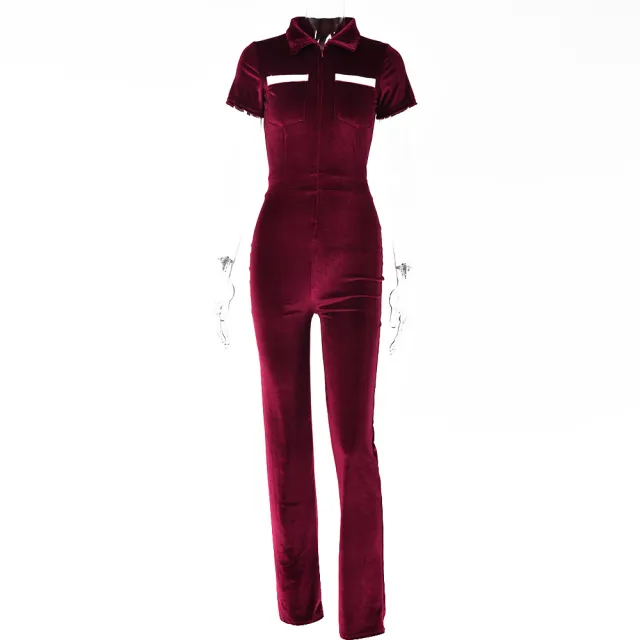 Women's Velvet High Waist Hip Raise Tight Straight Casual Jumpsuit Red - Shop at LoveMi