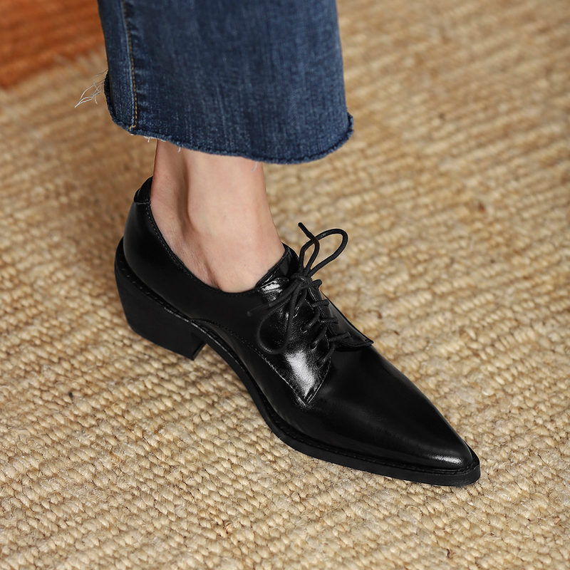 Women's Mid Heel Brown Deep Mouth Leather Pointed Toe Work Shoes