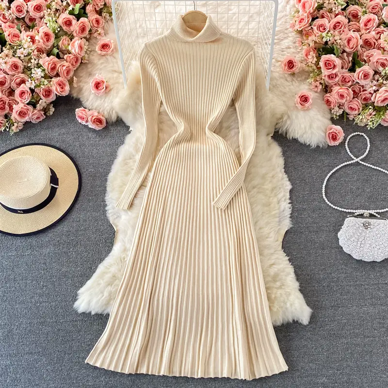 Women's Fashion All-match Solid Color Slim Fit Thin Over The Knee Woolen Skirt