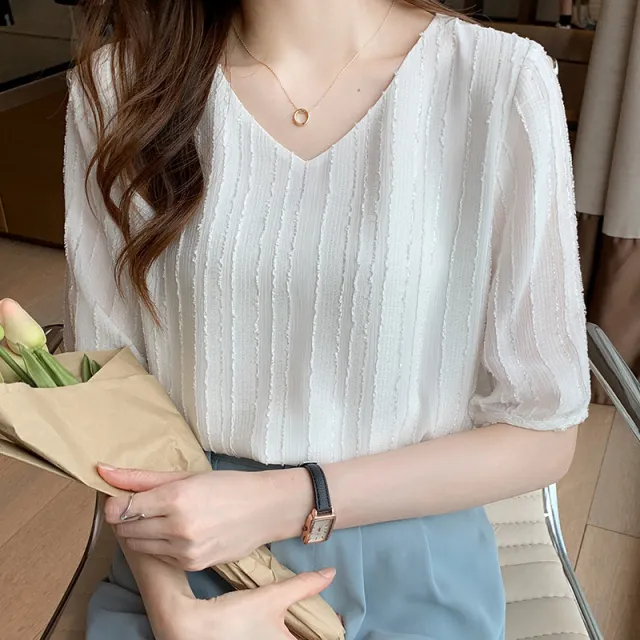 Ladies' New V neck Pullover Fashion Slim Shirt White - Shop at LoveMi