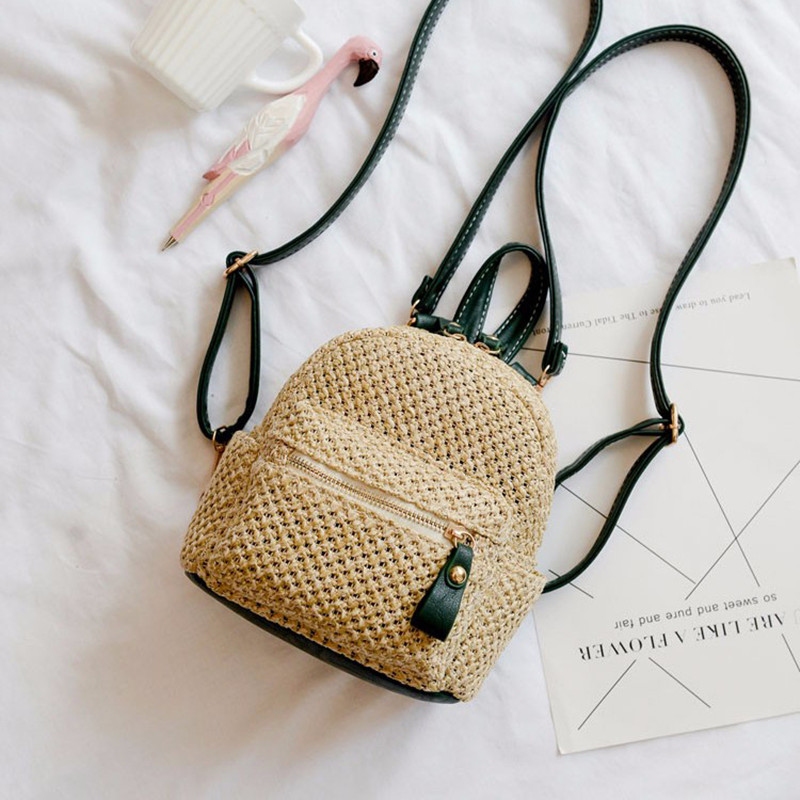 Title 3, Straw Woven Backpack Small Hollow Solid Color