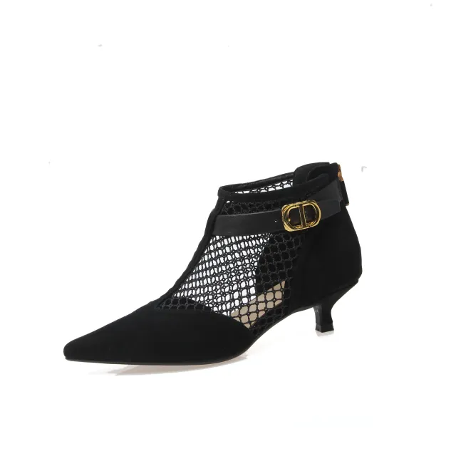 Hollow Low heeled Net Boots Sheepskin Pointed toe Stiletto Sandals Black - Shop at LoveMi
