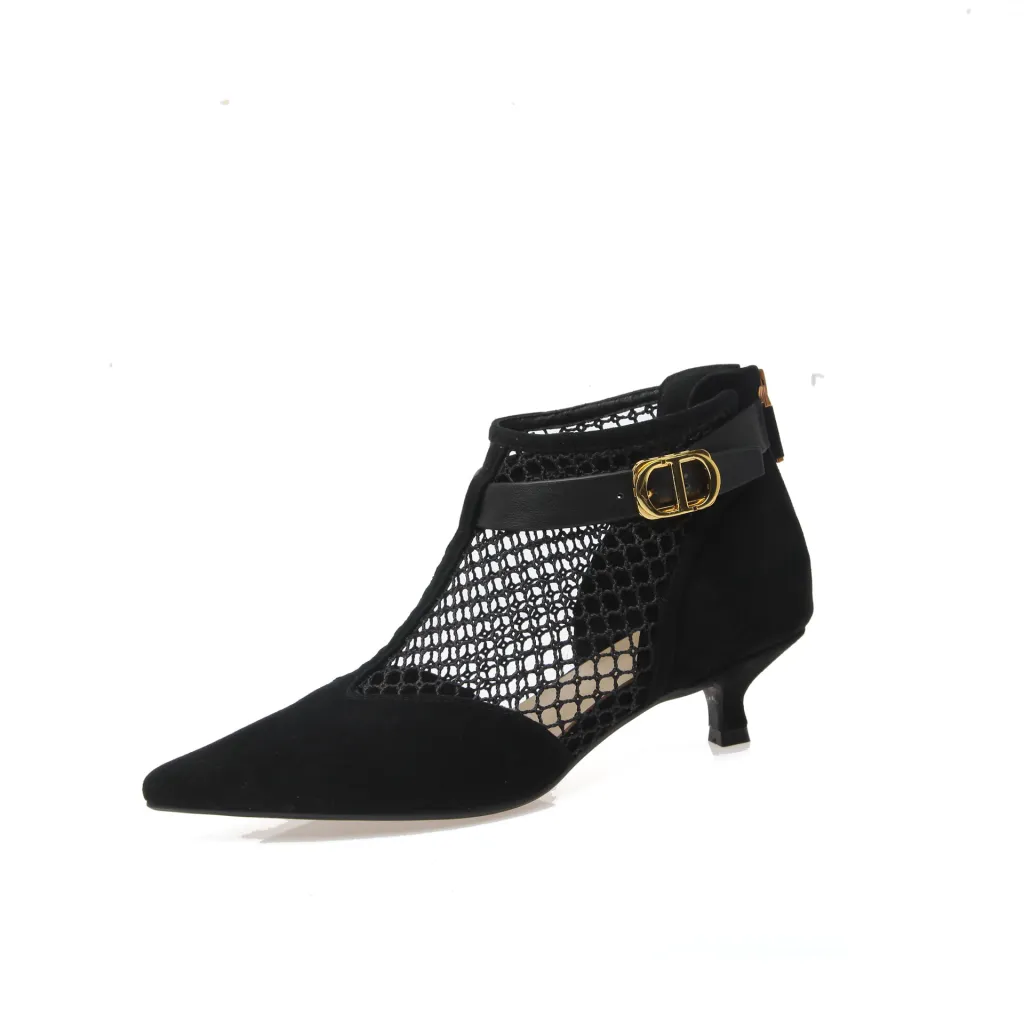 Hollow Low-heeled Net Boots Sheepskin Pointed-toe Stiletto Sandals - Black