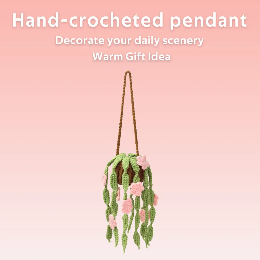 Handmade Crochet Hanging Potted Ornament With Trailing Green Leaves And Pink Blossoms Everlasting Soft Yarn Crochet Flower Indoor Home Hanging Decor