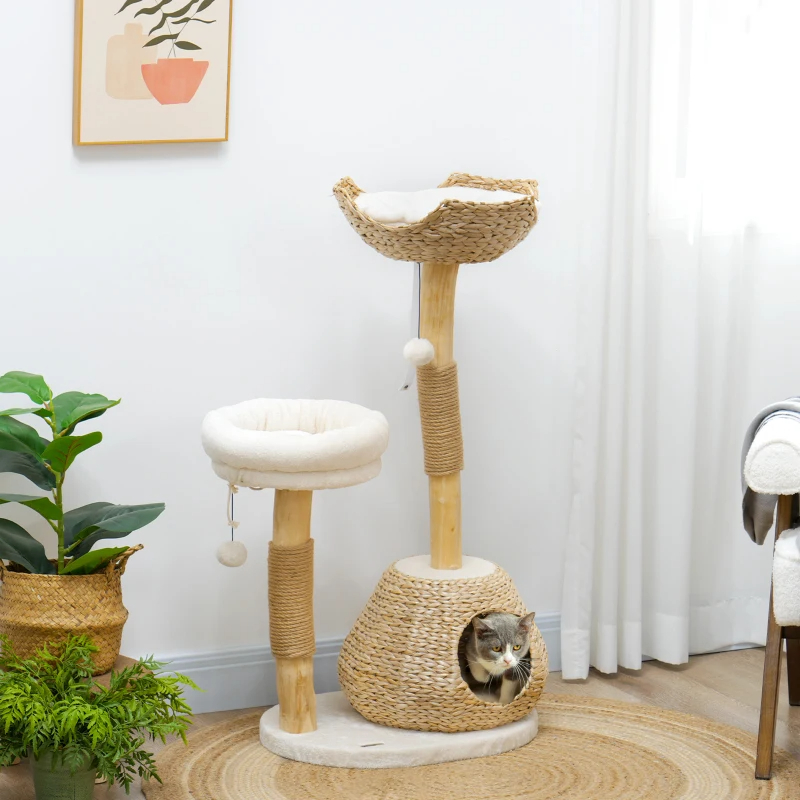 Cat Tree For Indoor Cats With Wooden Cat Scratching Posts, Cat Condo, Cat Beds & Toy Balls, Cream White