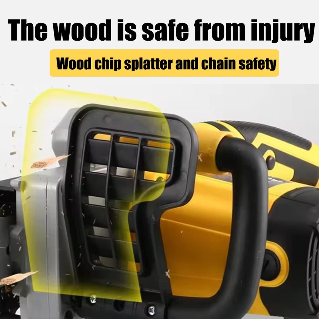 Electric chainsaw cutting through a log in a UK garden
