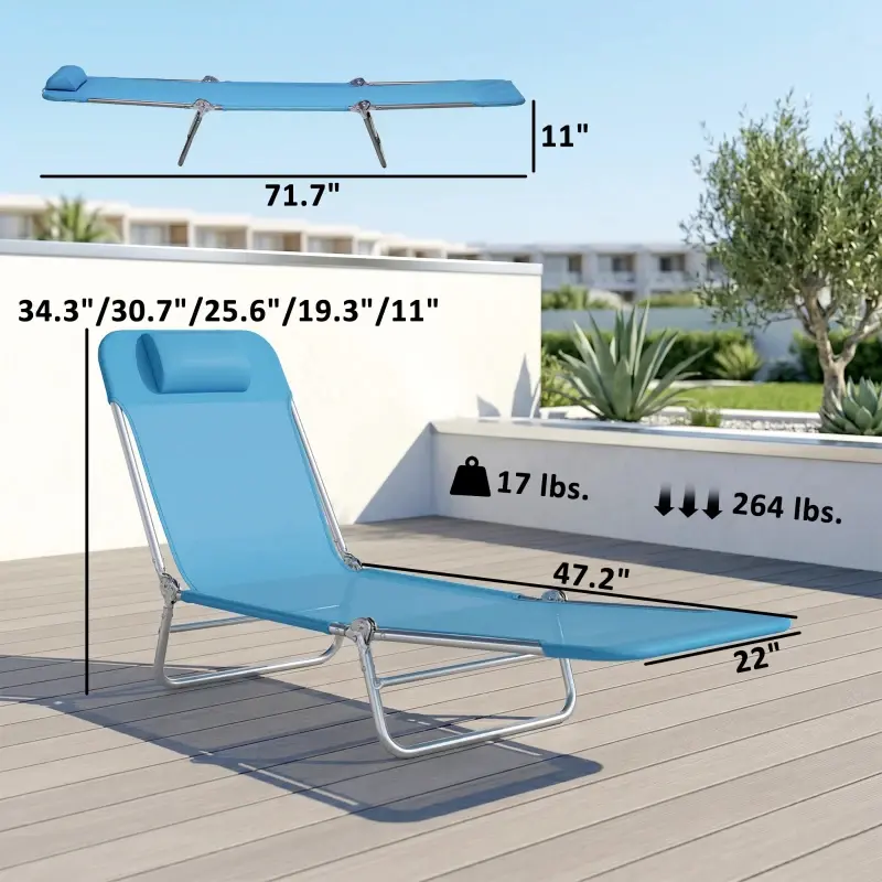 2 Piece Folding Chaise Lounge Chairs, Pool Sun Tanning Chairs With Reclining Back, Breathable Mesh Seat, Headrest For Beach, Yard, Patio, Blue