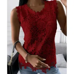 Flowers Lace Vest Women Summer Tops S-5XL - Burgundy - View 1