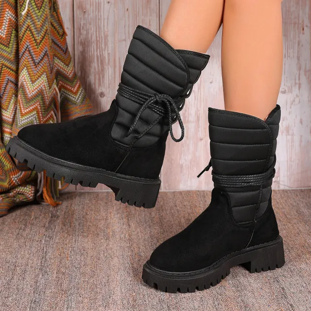 Fashion Mid calf Snow Boots With Lace up Design Winter Warm Thickened Low heeled Boot Women's Casual Shoes Outdoor Black - Shop at LoveMi
