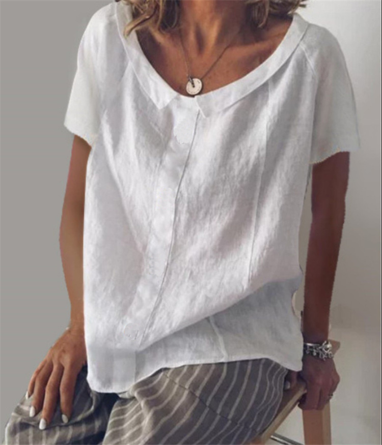 Title 5, Round Neck Short Sleeve Cotton And Linen Pullov...