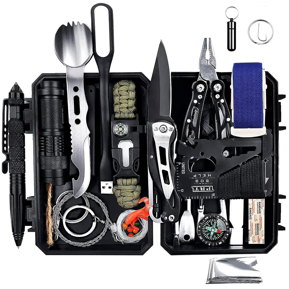 Antarctica Survival Gear Kit with 60 Tools including first aid, compass, carabiner, plier, wire saw, flashlight, fishing gear, camping utensils, whistle, and more. Lightweight, compact, and waterproof storage box. Ideal for hiking, camping, and wilderness