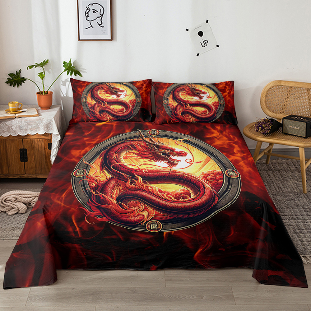 3D Dragon Gifts Flat Sheet Set Red Dragon Sheet Set For Kids Boys Girls Room Decor, Wildlife Pattern Bed Cover