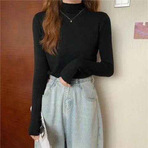 Candy colored Core spun Yarn Crimped Sweater Black - Shop at LoveMi