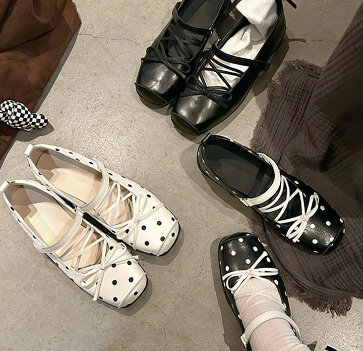New French Bow Shallow Mouth Platform Flats For Women, Spring Ballet Hidden Heel Polka Dot Mary Jane Shoes For Dresses, Authentic Genuine