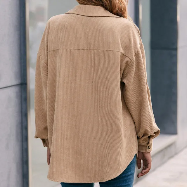 Corduroy Lapel Single breasted Long sleeved Dovetail Shirt Khaki - Shop at LoveMi