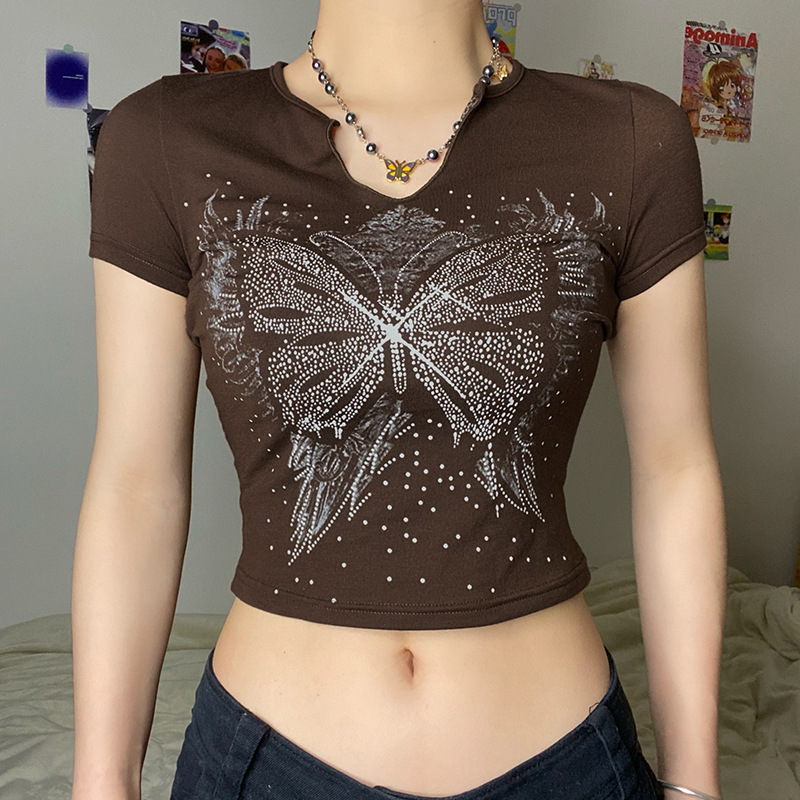 Retro Small U Neck Butterfly Print Brown Short Sleeve T-Shirt