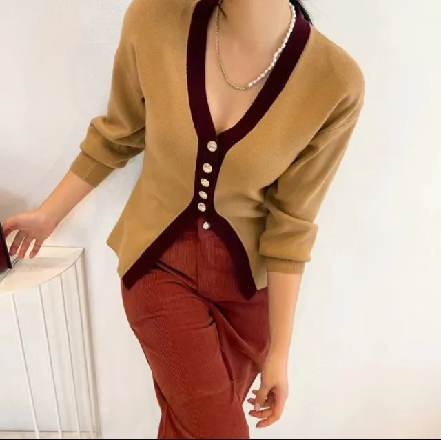 Elegant Slim V neck Design Color Blocking Slim Waist Long Sleeve Sweater Top Coffee - Shop at LoveMi