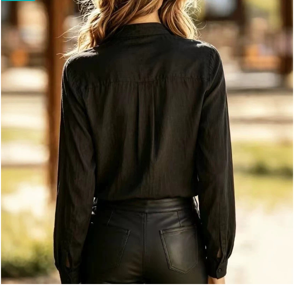 New Chinese-Style Standing Collar Buttoned Gold-Thread Floral Embroidery Satin Black Long Sleeve Shirt