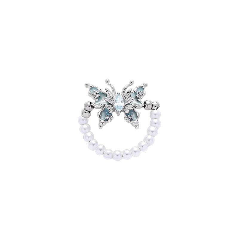 Blue Oil Dripping Butterfly Pearl Ring For Women